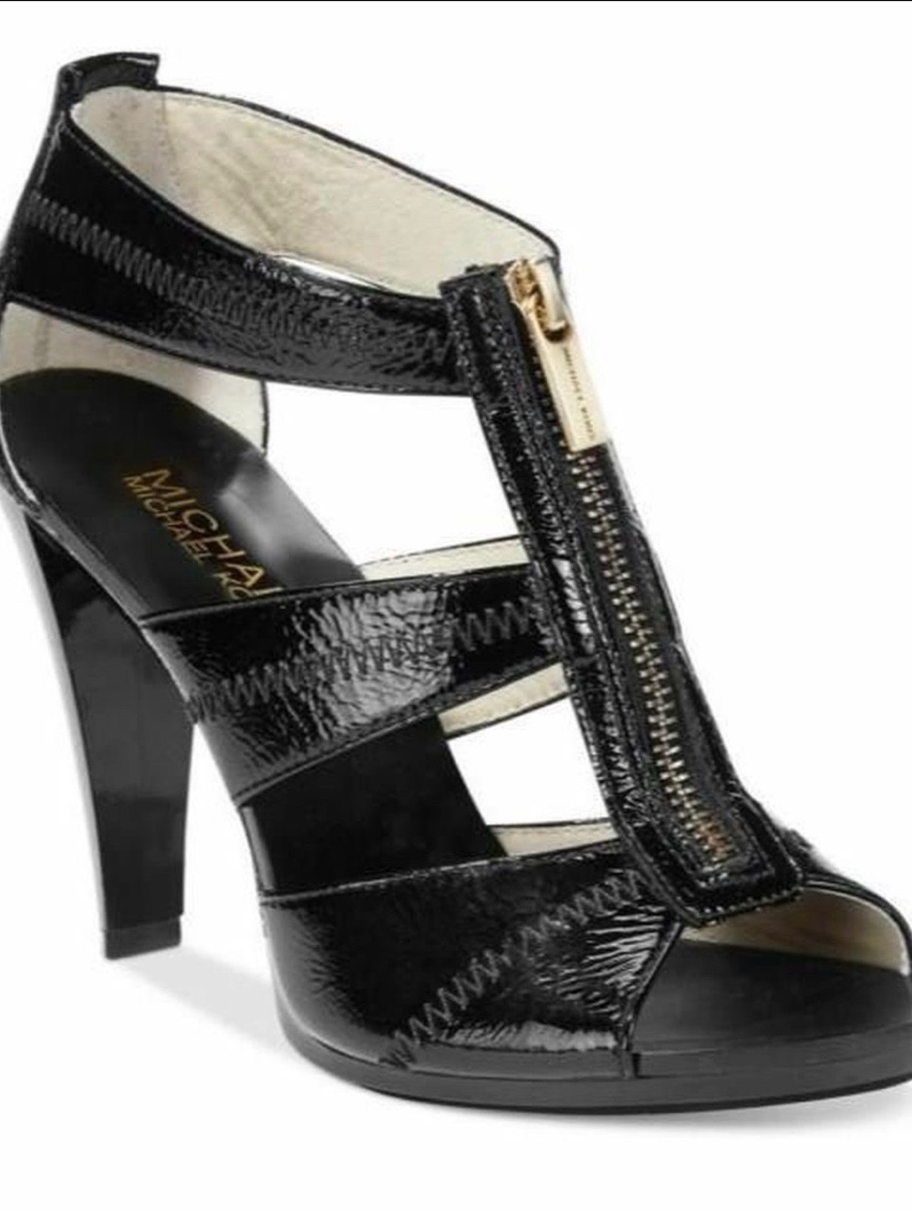 Michael Kors Black Patent Leather Zip Front Strappy High Heels